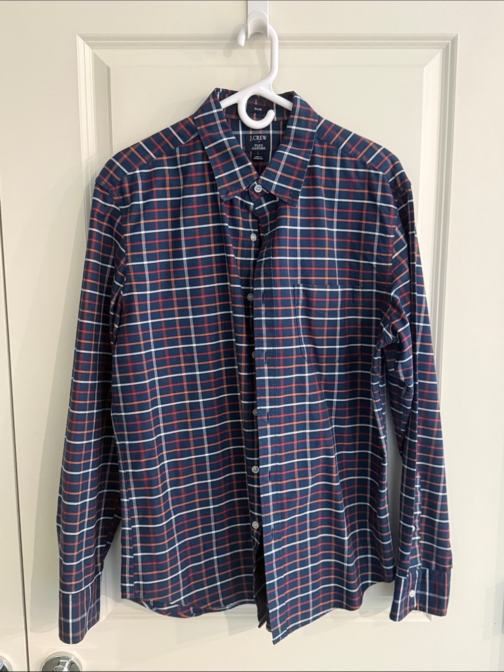J. Crew Navy Plaid Button-Down Shirt with Red, Orange, and White Windowpane